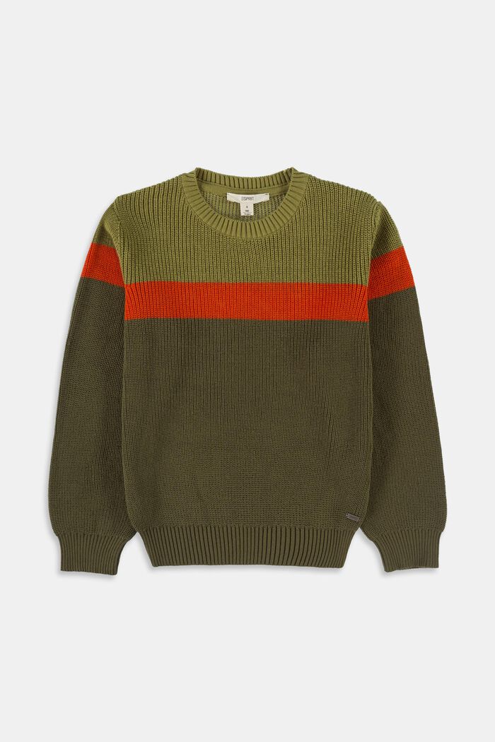Cotton jumper with contrasting stripes, OLIVE, overview