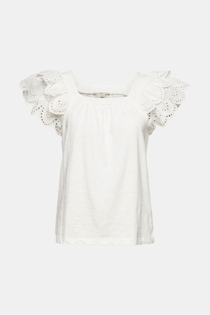 T-shirt with flounce sleeves in broderie anglaise, OFF WHITE, overview