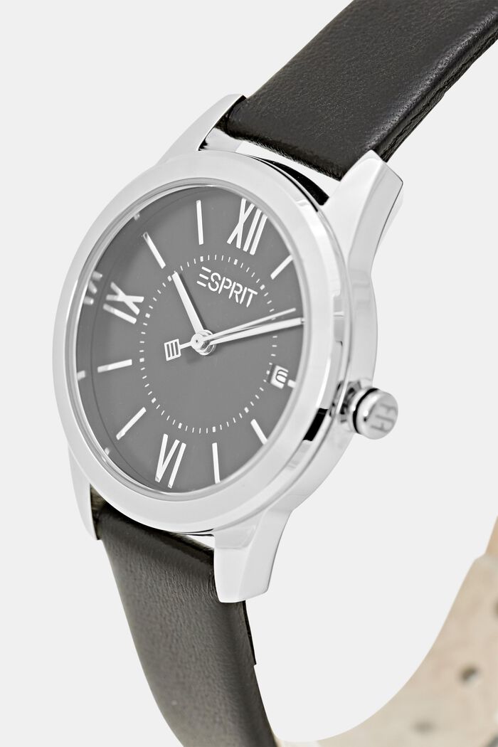 Watch with a leather strap and date display, BLACK, detail image number 1