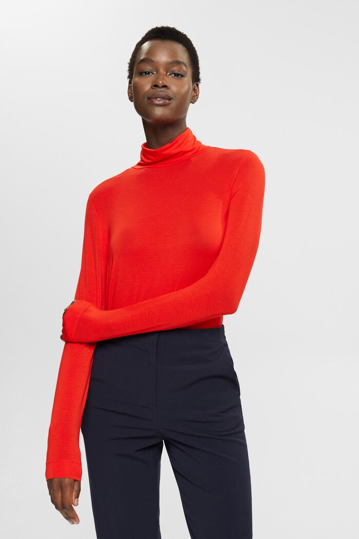 Long sleeve roll neck top, TENCEL™, RED, overview