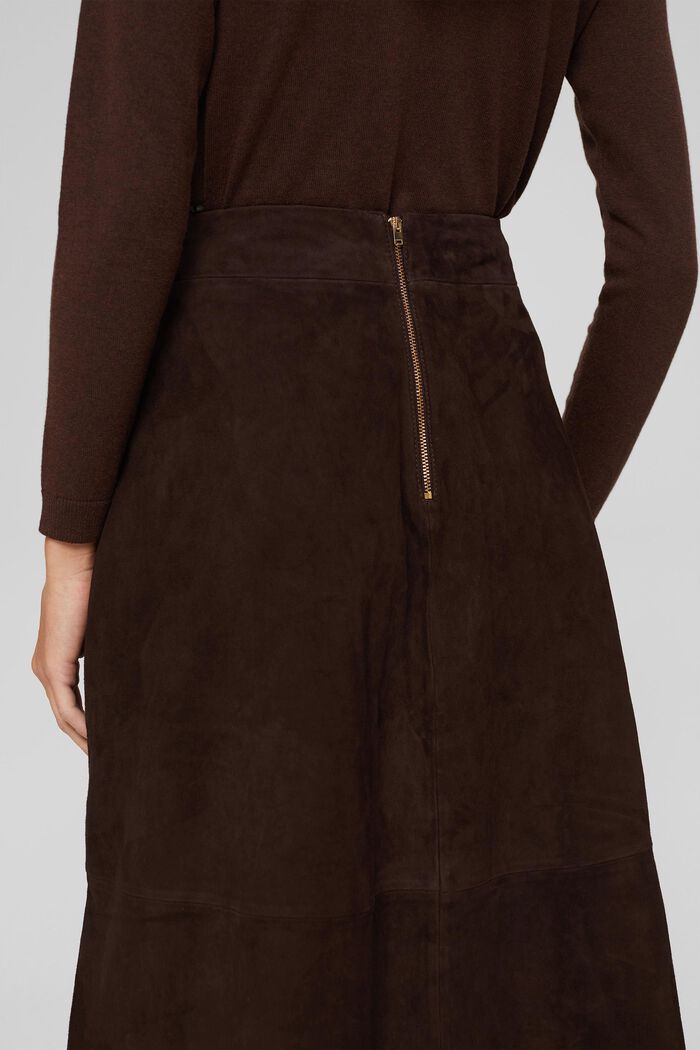 A-line midi skirt made of 100% suede, DARK BROWN, detail image number 2