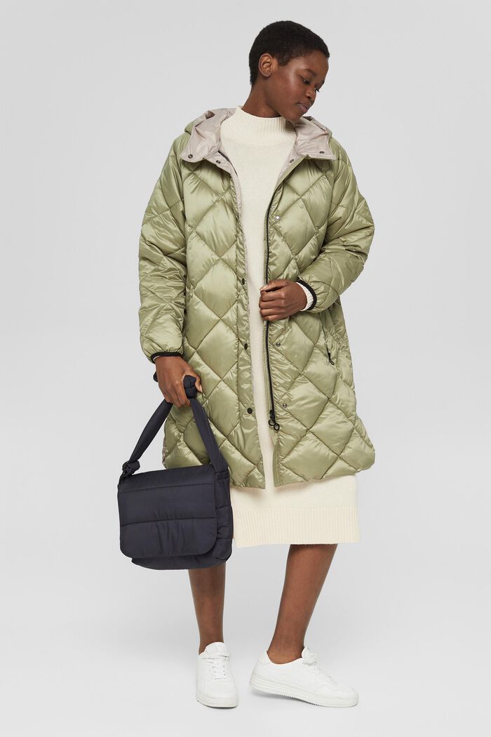 Recycled: quilted coat with a hood, LIGHT KHAKI, detail image number 1