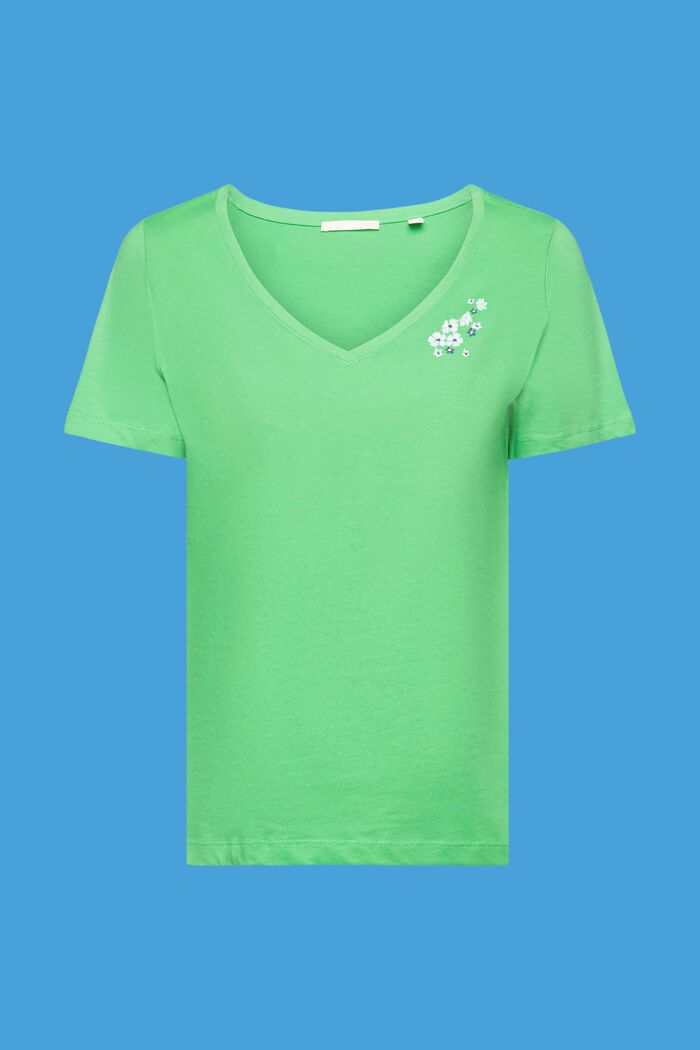 V-neck t-shirt with floral embroidery, GREEN, detail image number 6