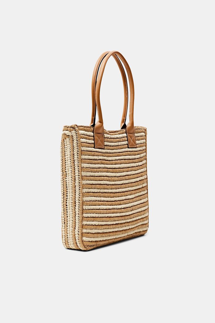 Raffia tote bag with faux leather handles, CAMEL, detail image number 3