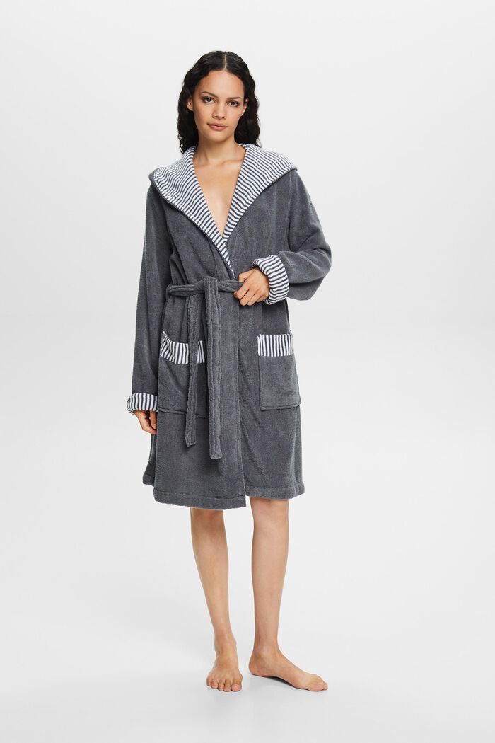 Terry cloth bathrobe with striped lining, GREY STEEL, detail image number 1