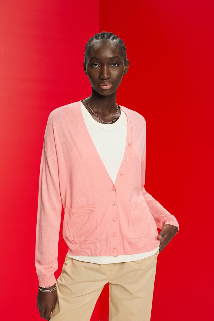 Light knit cardigan with linen, PINK, detail image number 0