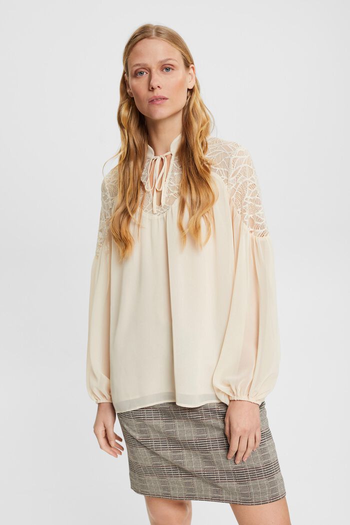 Chiffon blouse with lace, DUSTY NUDE, detail image number 0