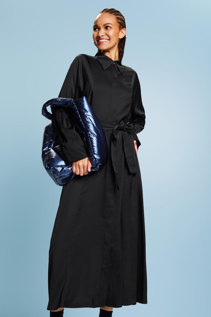Belted Satin Dress, BLACK, detail image number 0