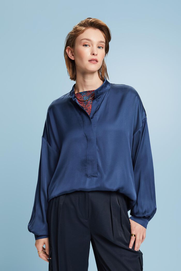 Button Front Satin Blouse, GREY BLUE, detail image number 2