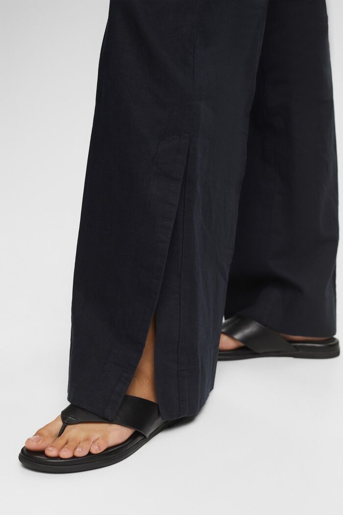Linen blend: wide-leg trousers with slits, BLACK, detail image number 5