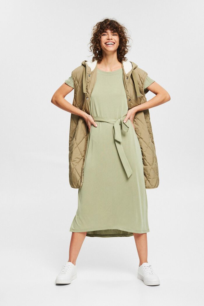 Containing TENCEL™: midi dress with a tie-around belt, LIGHT KHAKI, detail image number 1