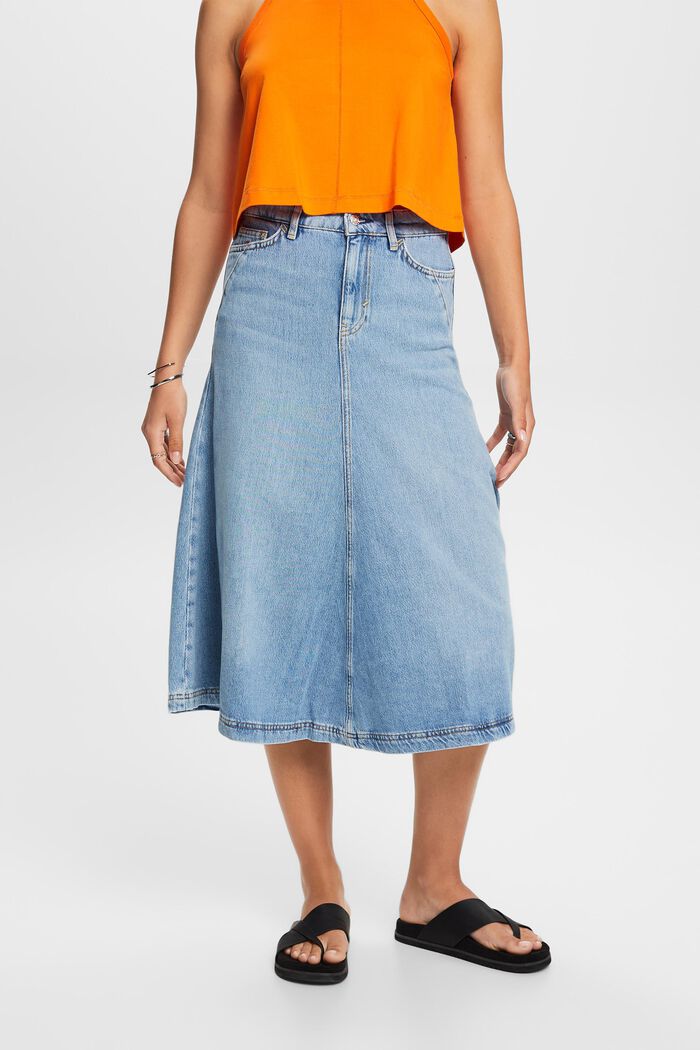 Jeans midi skirt, cotton blend, BLUE MEDIUM WASHED, detail image number 0