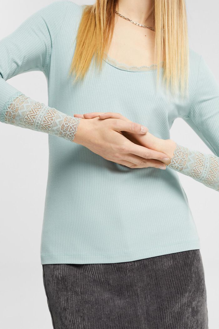 Ribbed long-sleeved top with lace details, LIGHT AQUA GREEN, detail image number 2
