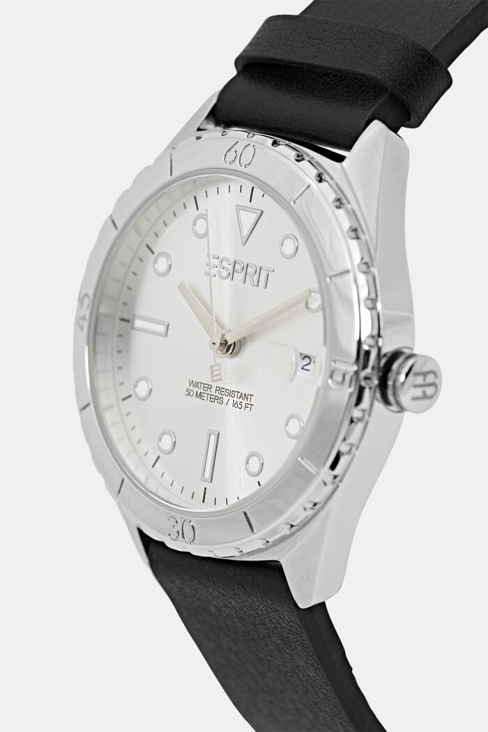 Watch with a leather strap and noctilucent indices, BLACK, detail image number 1