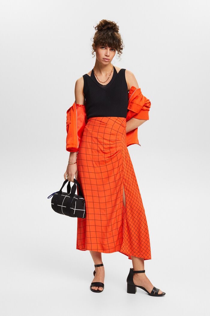 Gathered Grid Print Midi Skirt, BRIGHT ORANGE, detail image number 1