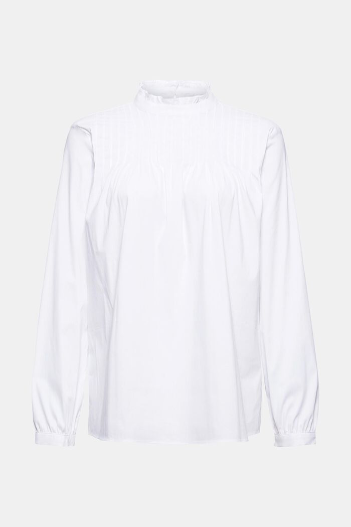 Blouse with pintucks and a frilled collar, WHITE, overview