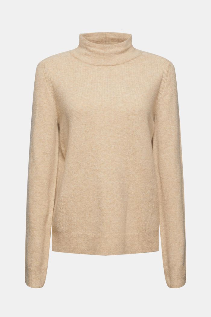 Wool blend: jumper with a band collar, SAND, overview