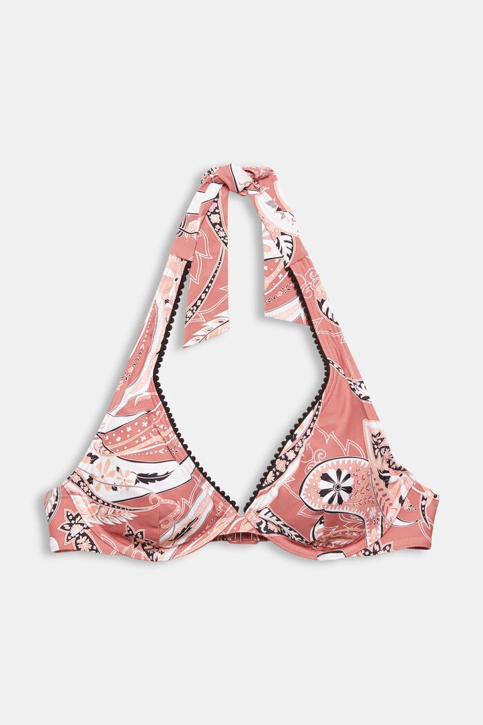 Made of recycled material: halterneck top with a paisley print, BLUSH, overview