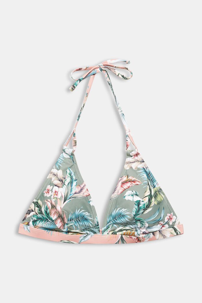 Made of recycled material: halterneck top with a tropical print, LIGHT KHAKI, overview