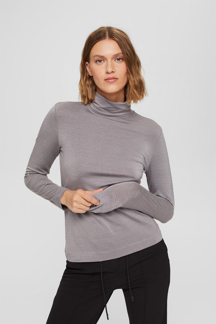 Long sleeve top with a polo neck collar and glittery stripes, GUNMETAL, detail image number 0