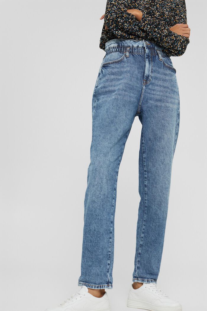 Blended organic cotton jeans with an elasticated waistband, BLUE MEDIUM WASHED, detail image number 0