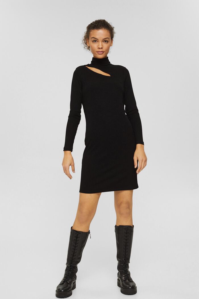 Rib knit dress with a cut-out, BLACK, overview