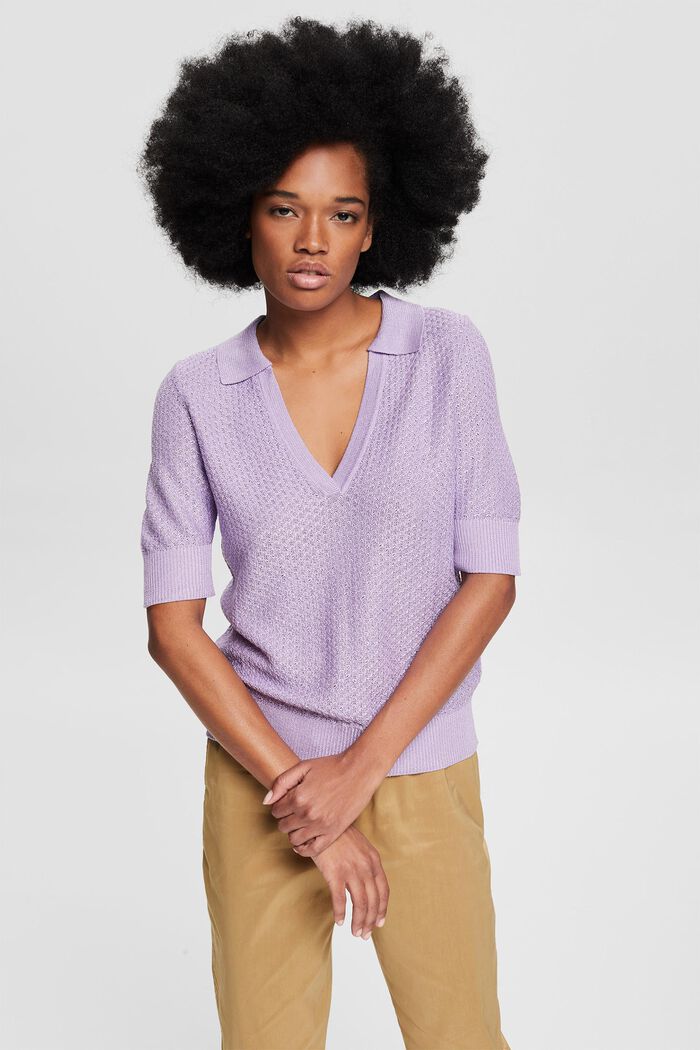 Textured knit jumper with a polo collar, LAVENDER, detail image number 0