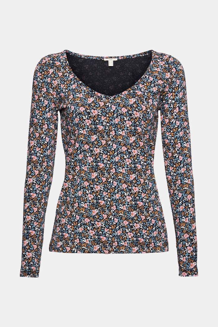 Printed long sleeve top in organic cotton, BLACK, overview
