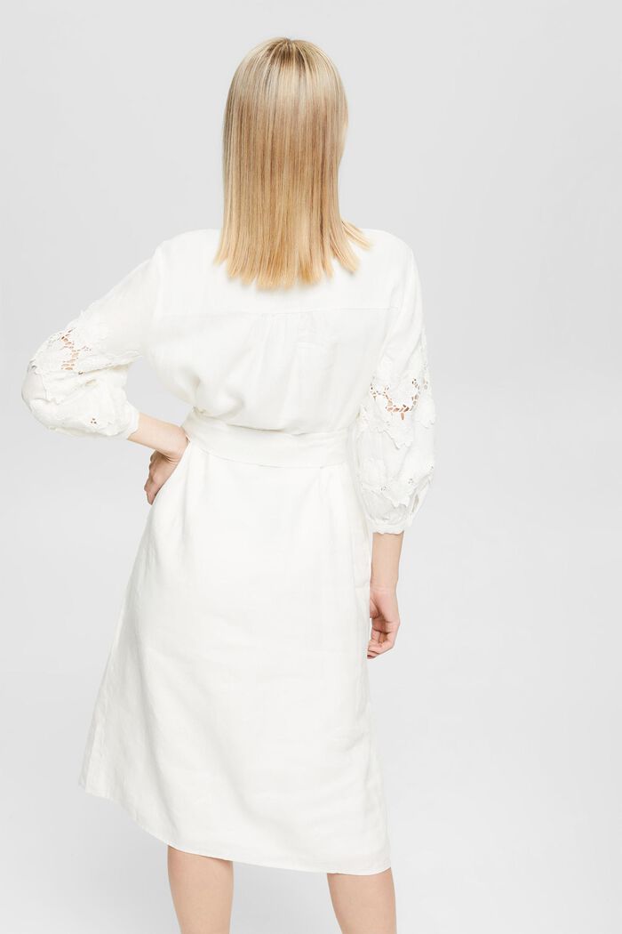Made of linen: Shirt dress with a tie-around belt, OFF WHITE, detail image number 3