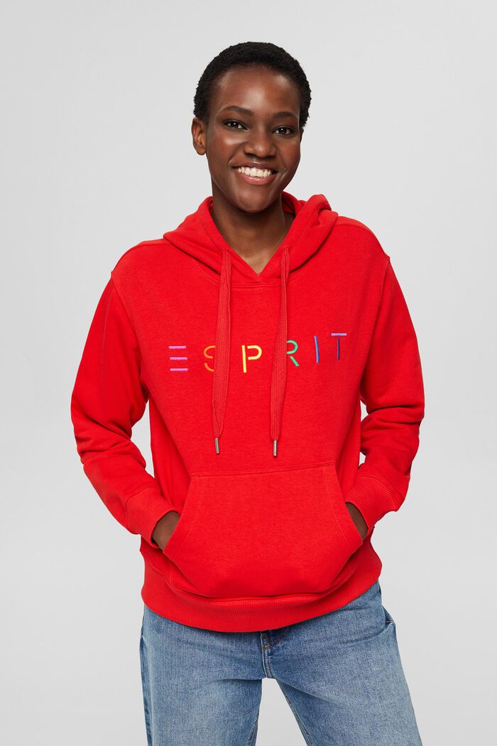 Hoodie with an embroidered logo, cotton blend, ORANGE RED, detail image number 0