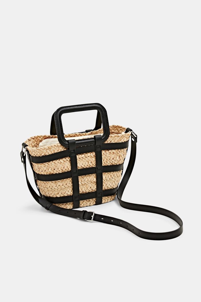 Straw bag with faux leather elements, BLACK, detail image number 5