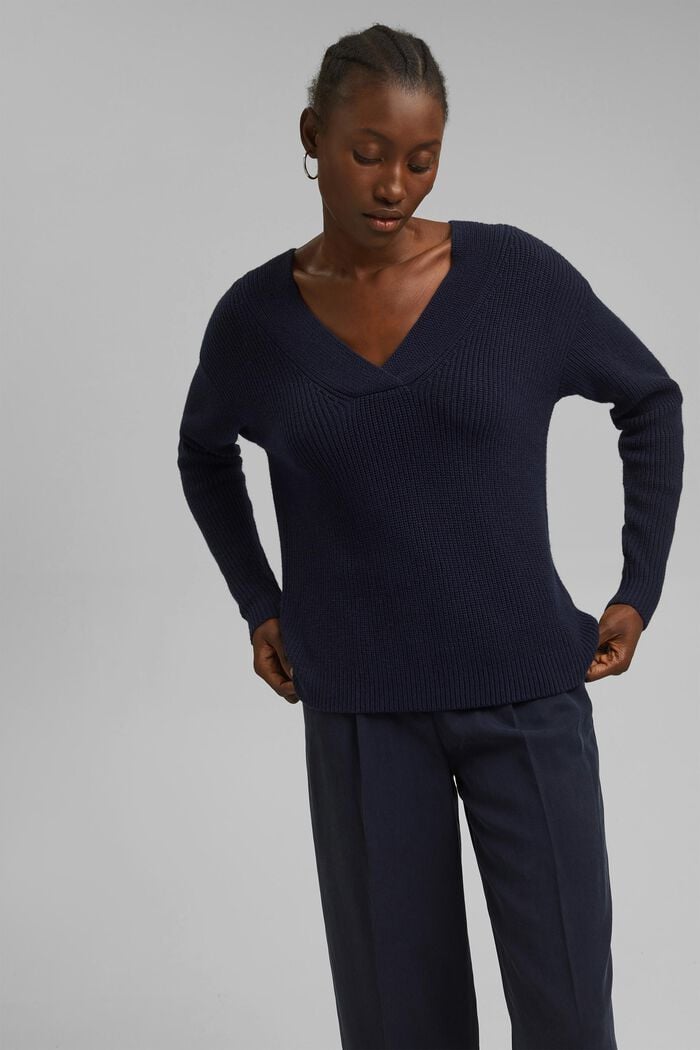 Wool/cashmere blend: jumper made of organic cotton, NAVY, detail image number 0