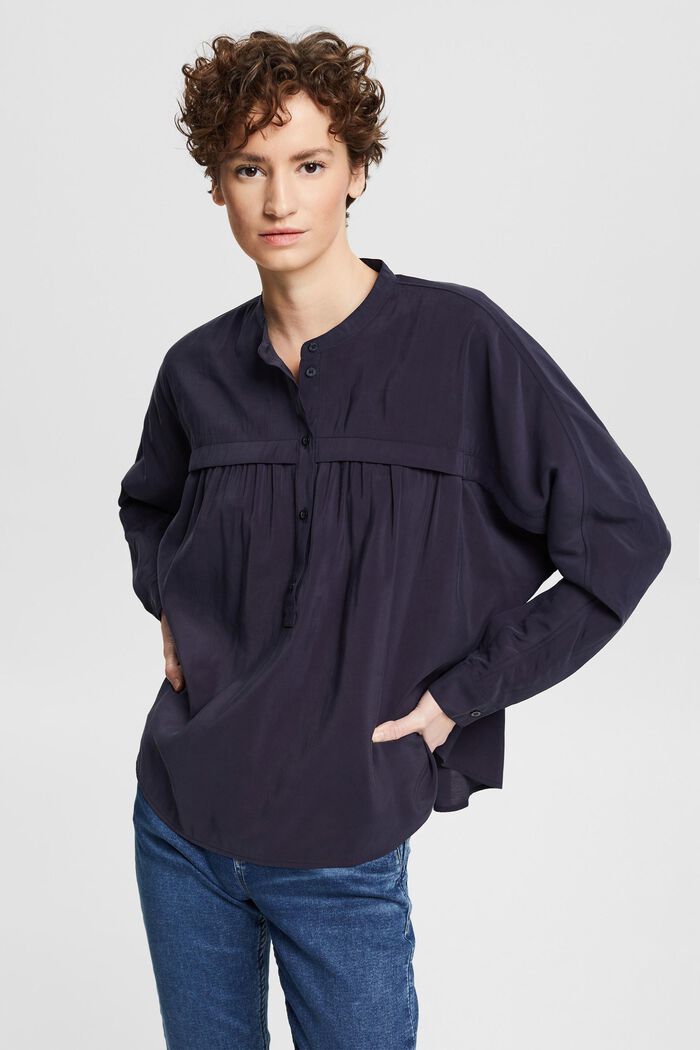 Blouse with a band collar, LENZING™ ECOVERO™, NAVY, detail image number 0