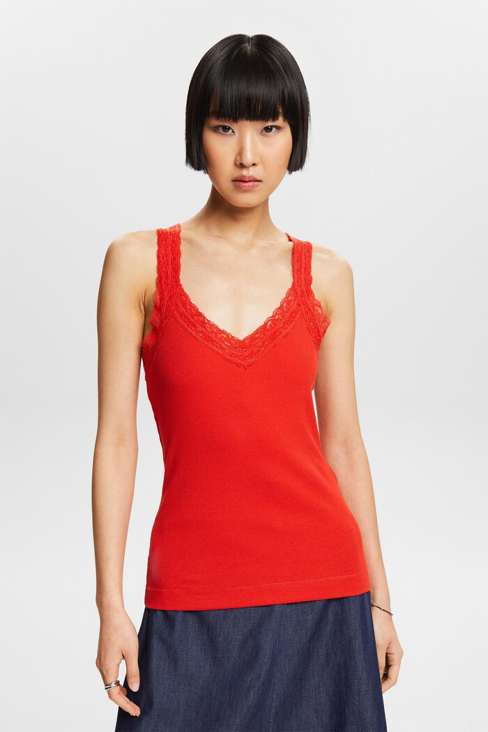 Lace Rib-Knit Jersey Top, RED, detail image number 0