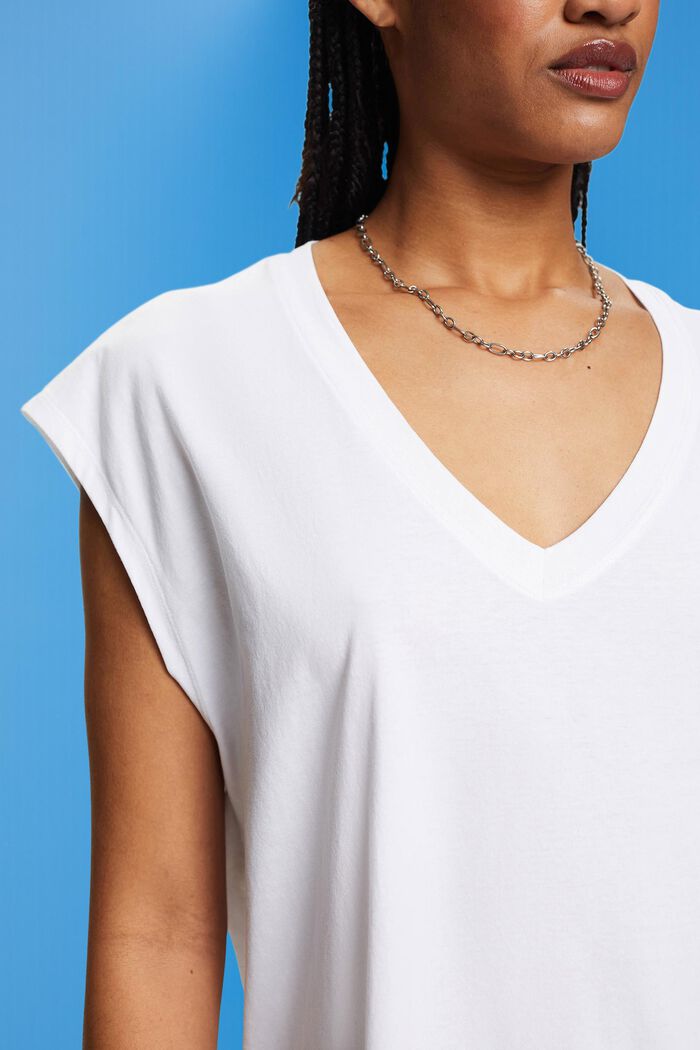 V-neck sleeve-less cotton T-shirt, WHITE, detail image number 2