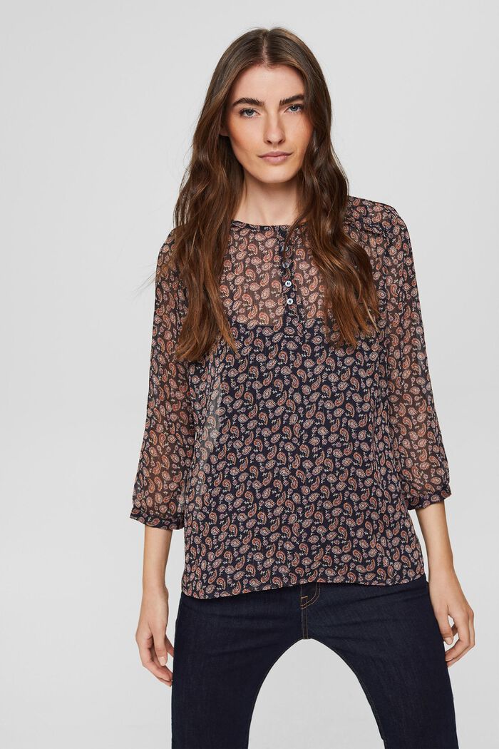 Chiffon blouse with a paisley print and undershirt, NAVY, detail image number 0