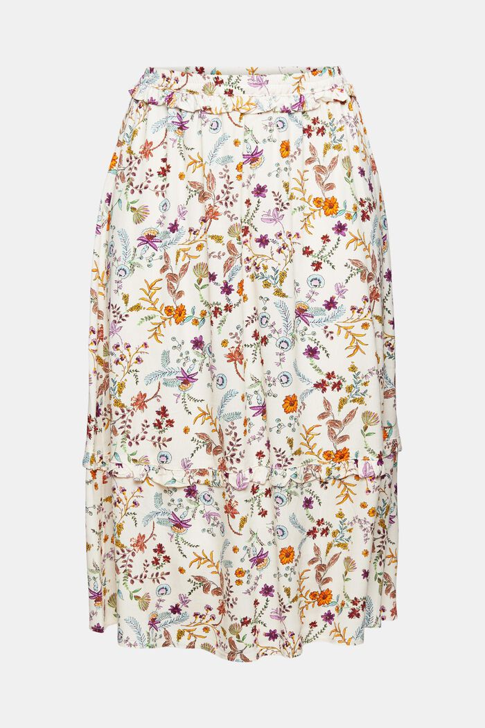 Floral patterned midi skirt with a frilled edge, CREAM BEIGE, overview