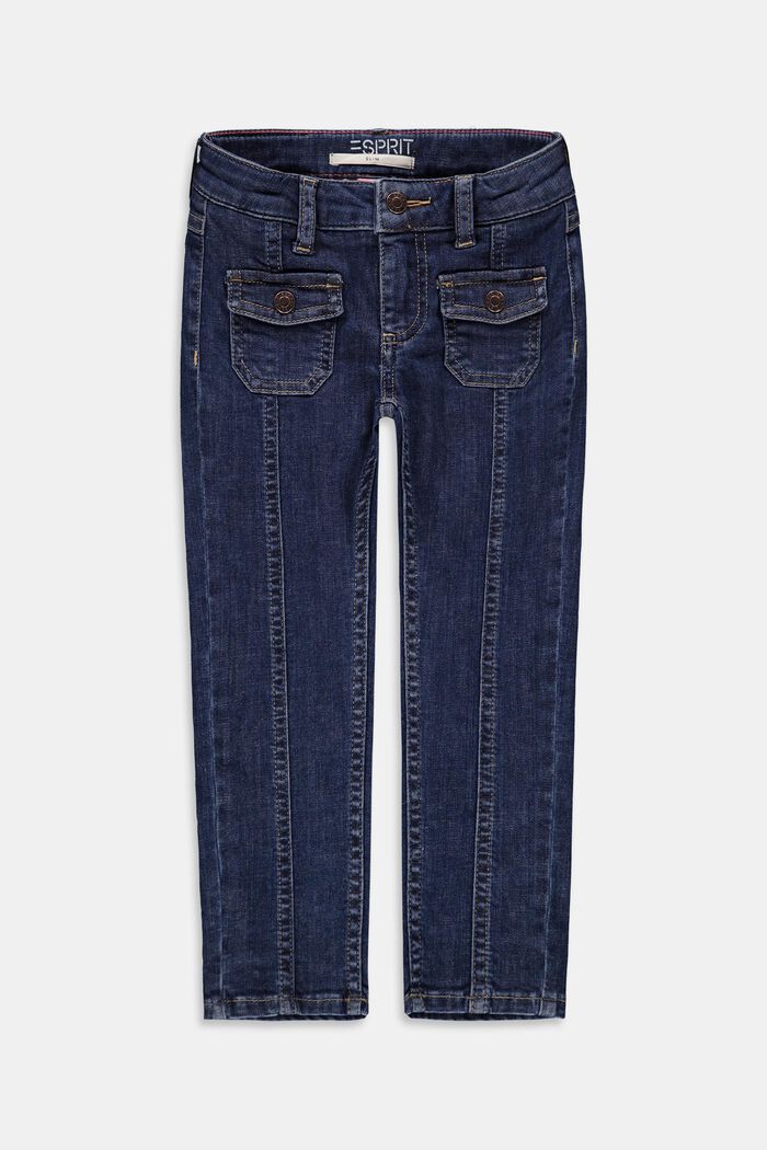 Jeans with patch pockets, adjustable waistband, BLUE DARK WASHED, detail image number 0
