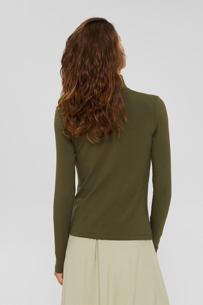 Long sleeve polo neck top in organic cotton, DARK KHAKI, detail image number 3