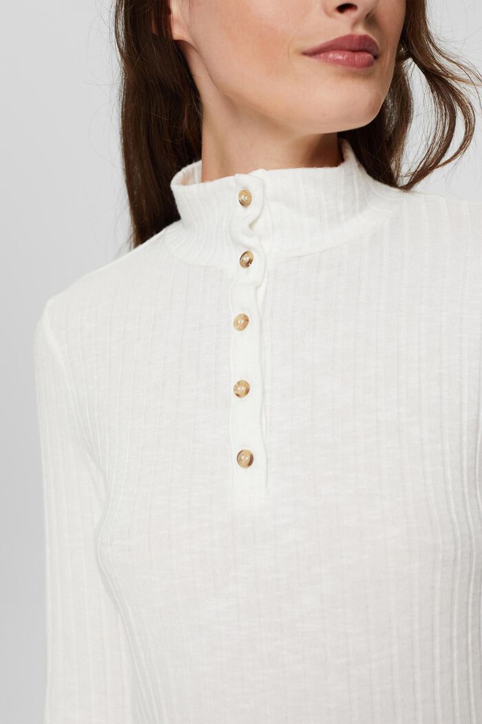 Ribbed top with band collar and button placket, OFF WHITE, detail image number 2