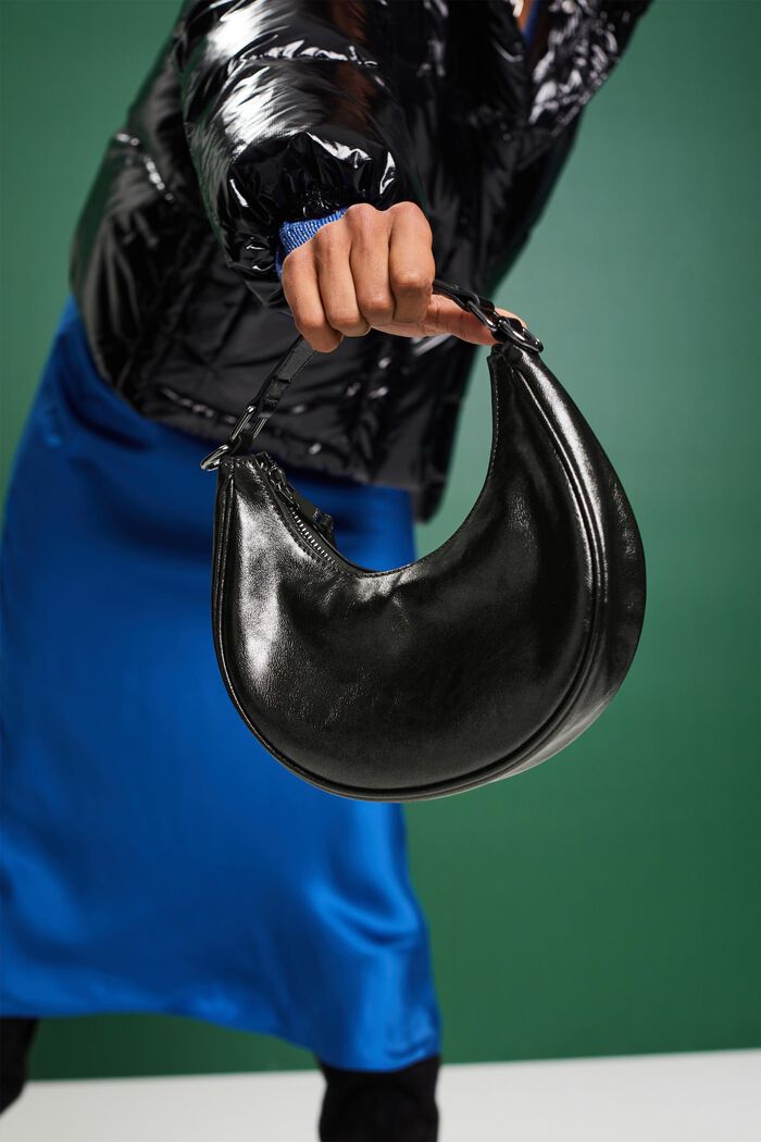 Faux Leather Crescent Bag, BLACK, detail image number 4