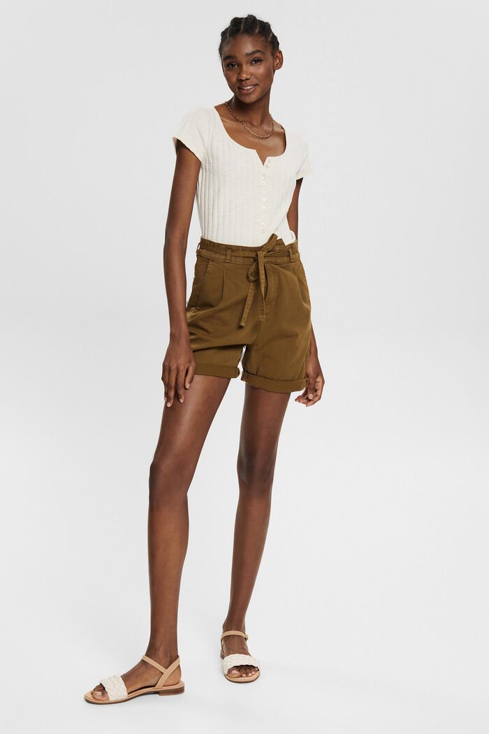 High-waisted shorts in 100% pima cotton, KHAKI GREEN, overview