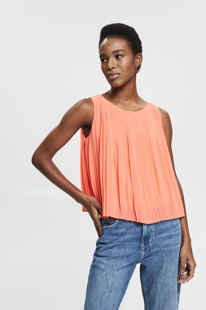 Pleated chiffon blouse made of recycled material, CORAL ORANGE, detail image number 0