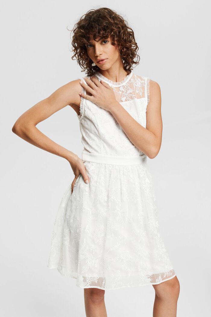 Dress with floral embroidery, OFF WHITE, detail image number 0