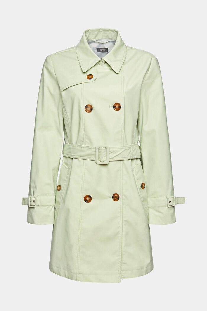 Short trench coat with a belt, in an organic cotton blend, PASTEL GREEN, overview
