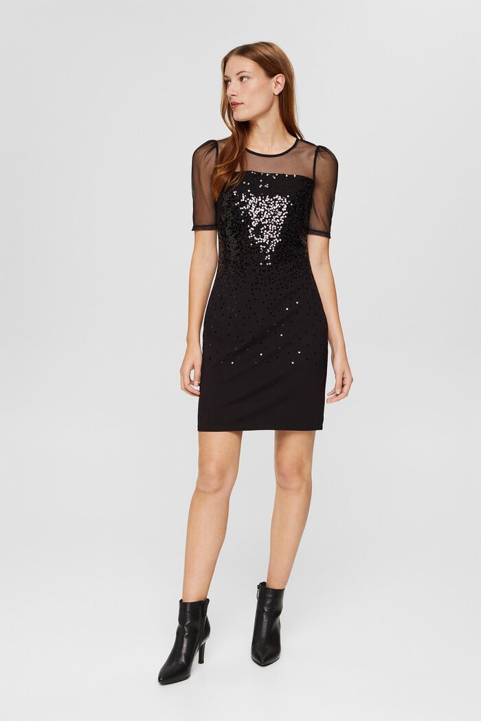 Sequinned jersey dress with mesh elements, BLACK, detail image number 6