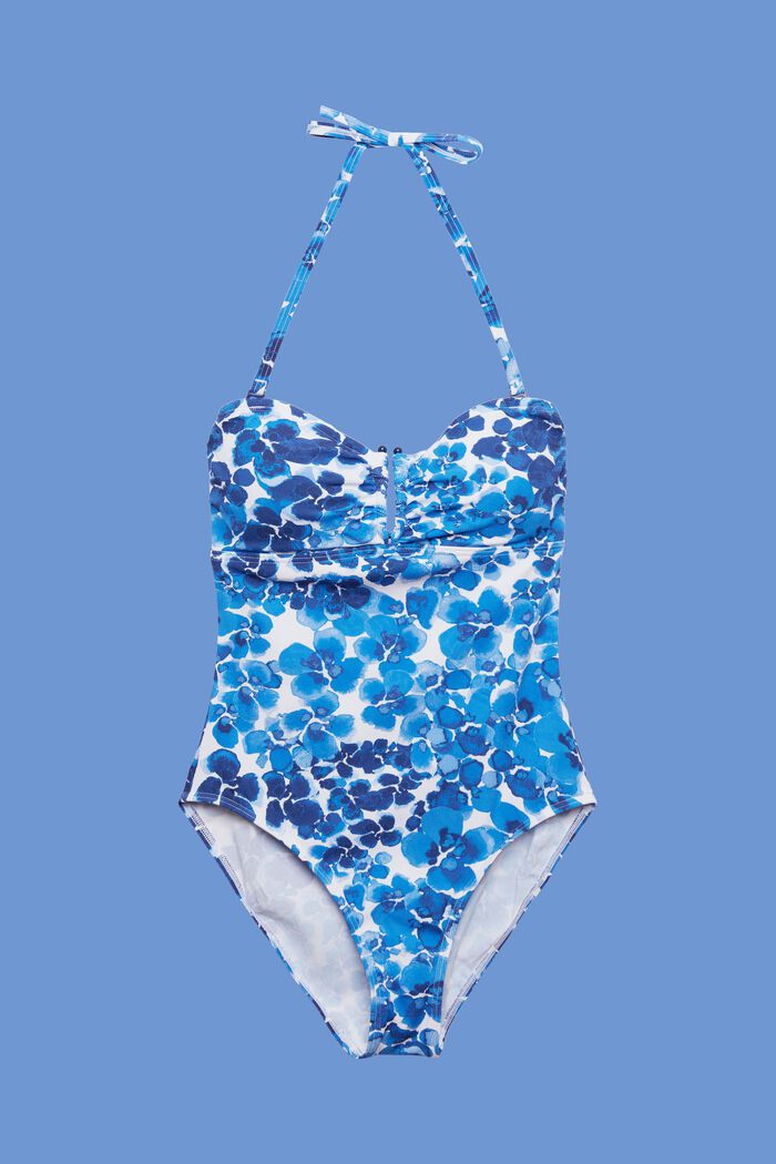 Padded halterneck swimsuit with all-over print, BLUE, detail image number 3