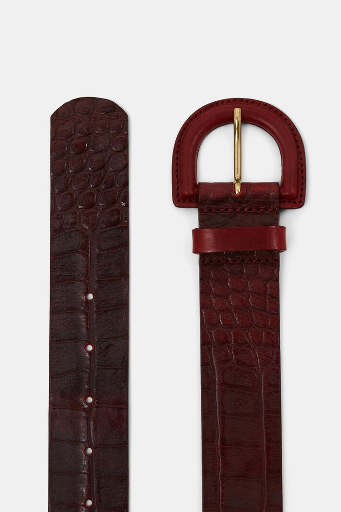 Croc-Textured Leather Belt, BORDEAUX RED, detail image number 1