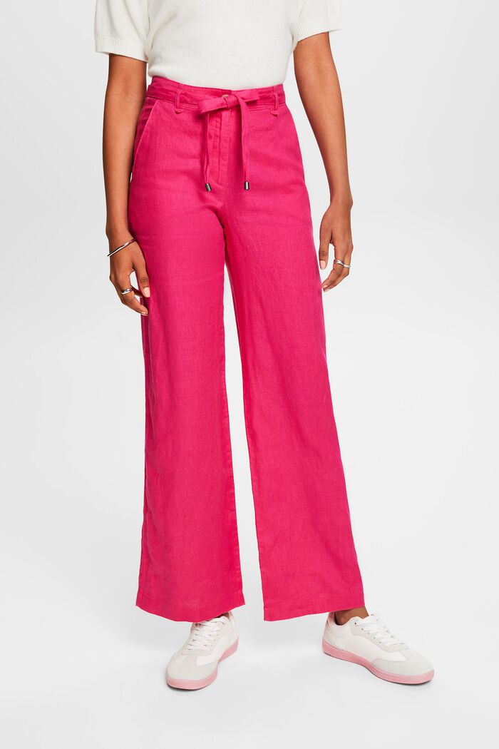 Linen Belted Wide Leg Pants, PINK FUCHSIA, detail image number 0