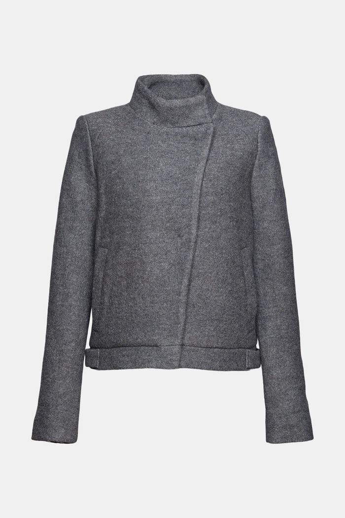 Wool blend: bouclé jacket with a stand-up collar, GUNMETAL, overview